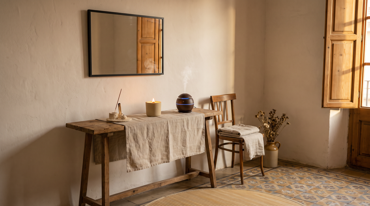 Lit soy candle, walnut aroma diffuser and ceramic incense holder on a console in a tiled flat