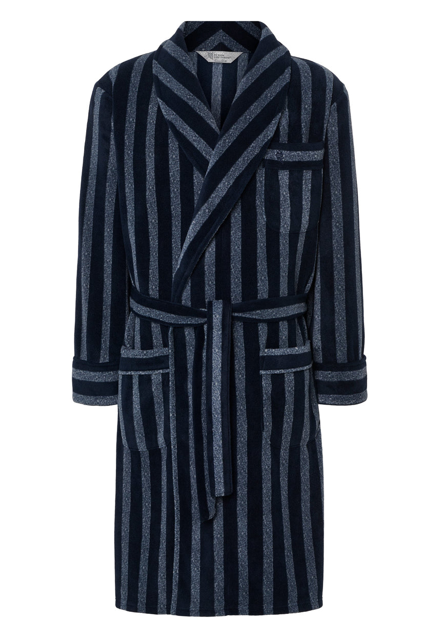 Fleece-lined bathrobe in a printed blue pattern