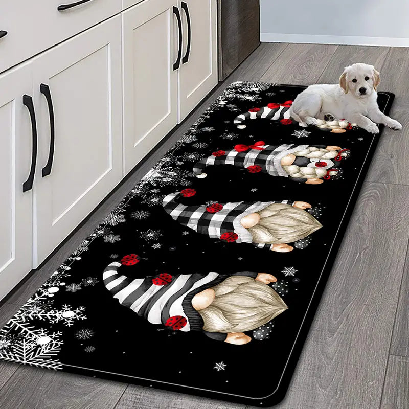 Black Christmas runner rug printed with gnomes in striped hats on a kitchen floor