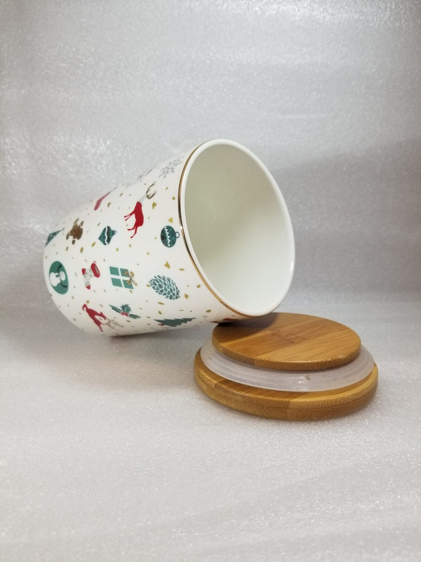 Christmas Porcelain Jar with Bamboo Lid, 14 cm
