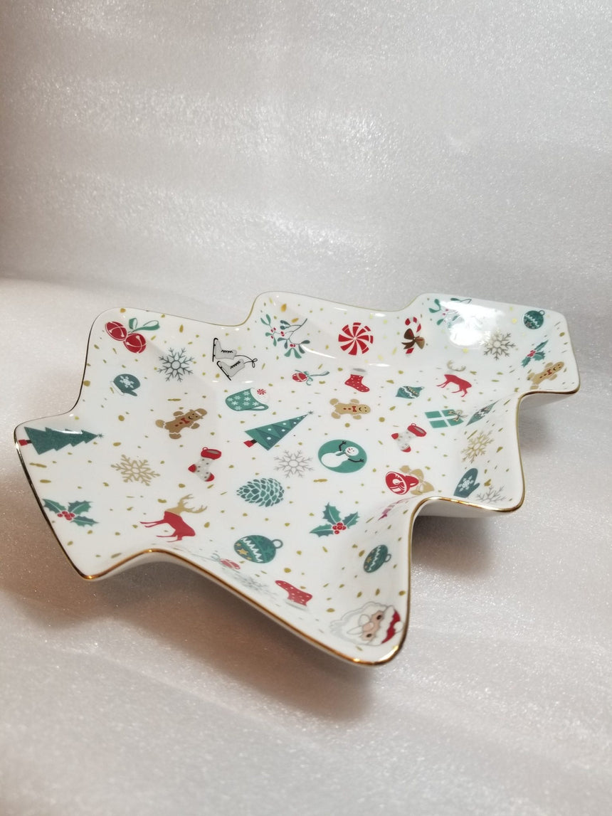 Tree-shaped white porcelain tray printed with Christmas motifs