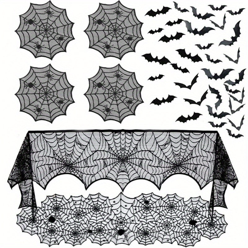 Black spider web lace table mats, fireplace scarf and bat wall stickers