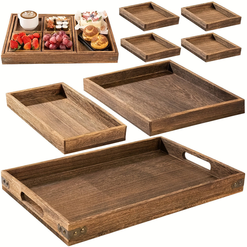 Seven dark wooden serving trays with handles, one holding breakfast