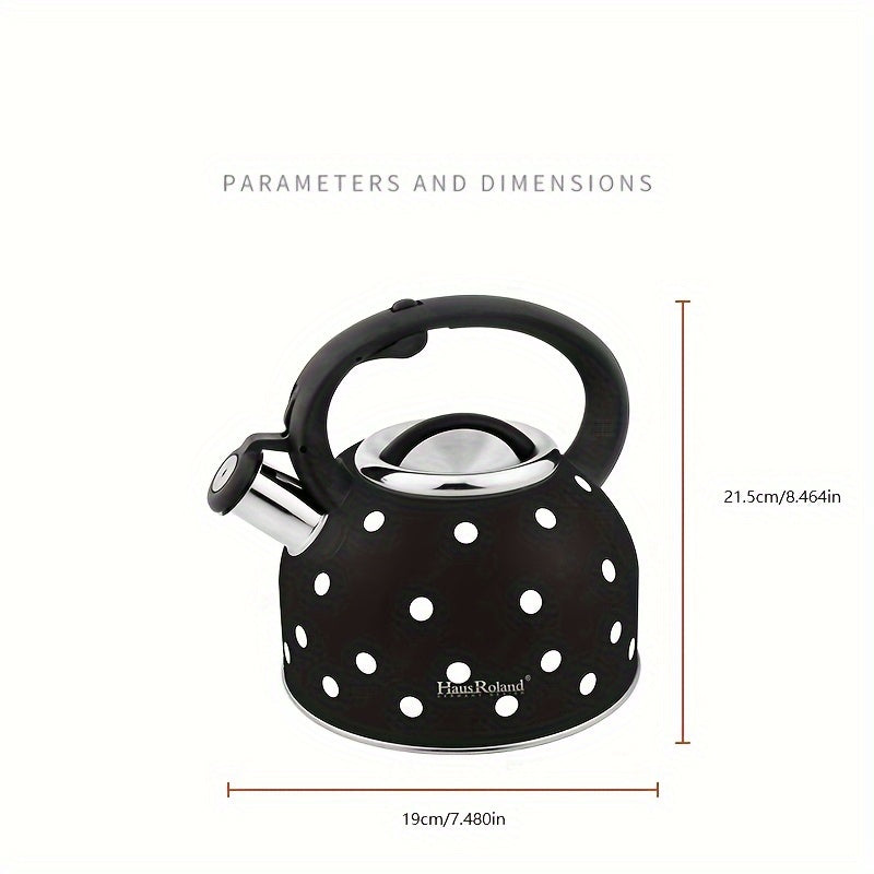 Black stainless steel kettle with white polka dots