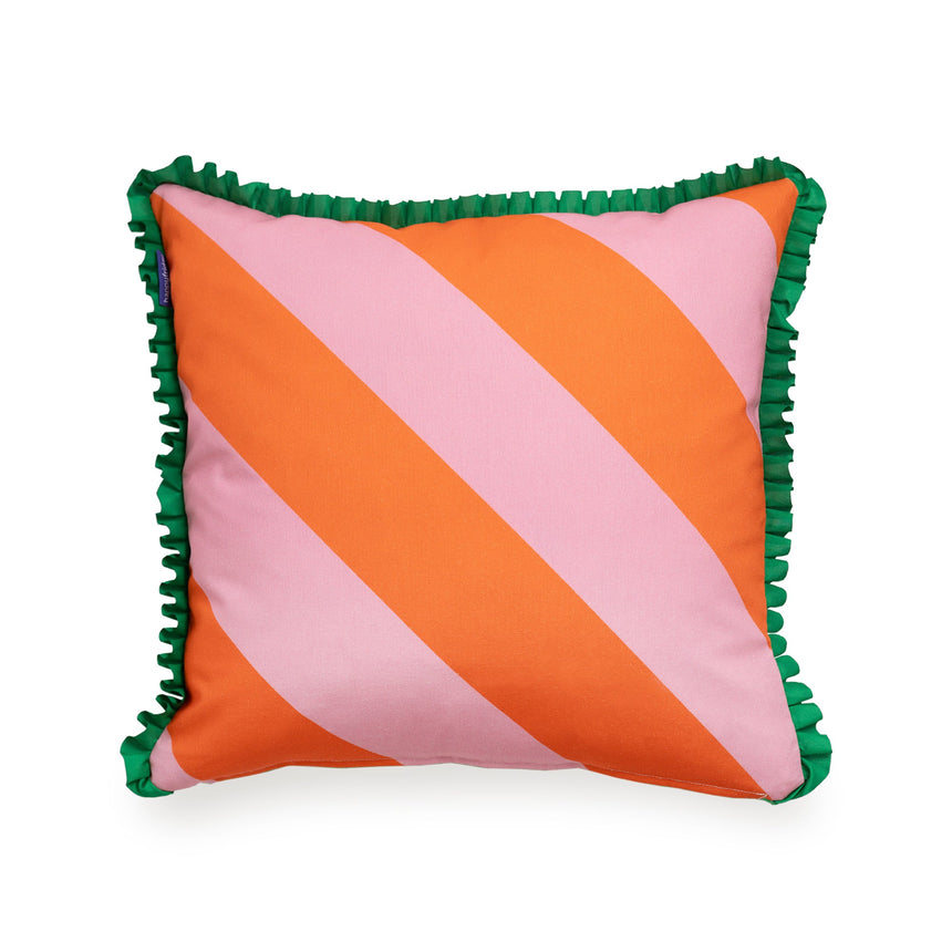 Cushion cover with orange and pink diagonal stripes and a green ruffle