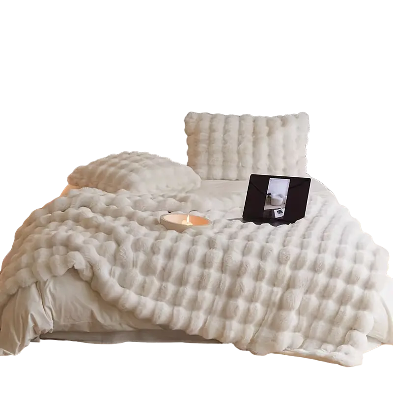 White reversible plush throw with vintage pattern