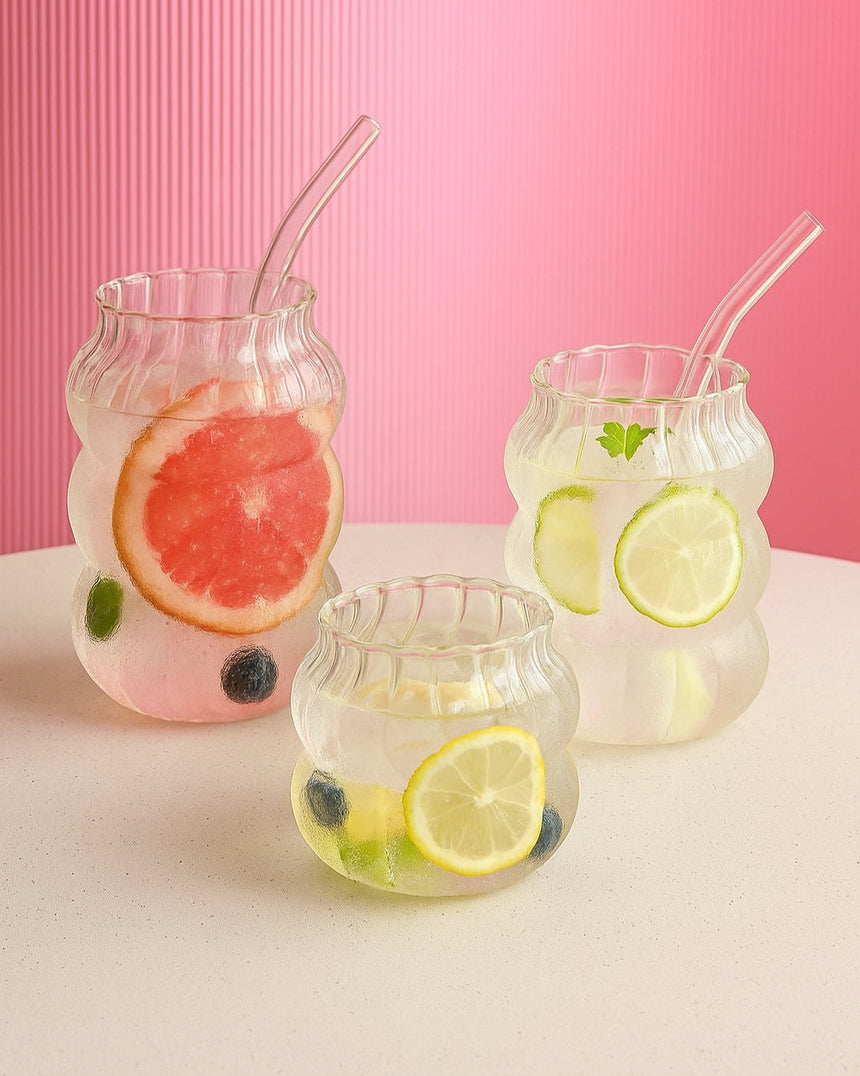 Bubble Glass Cup with Glass Straw
