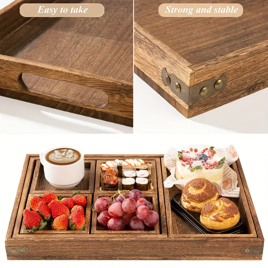 Rustic Wooden Serving Trays with Handles, Set of 7