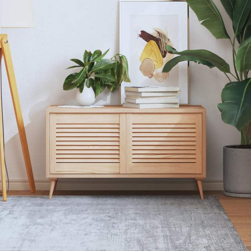 Slatted solid pine cabinet doors, natural wood tone
