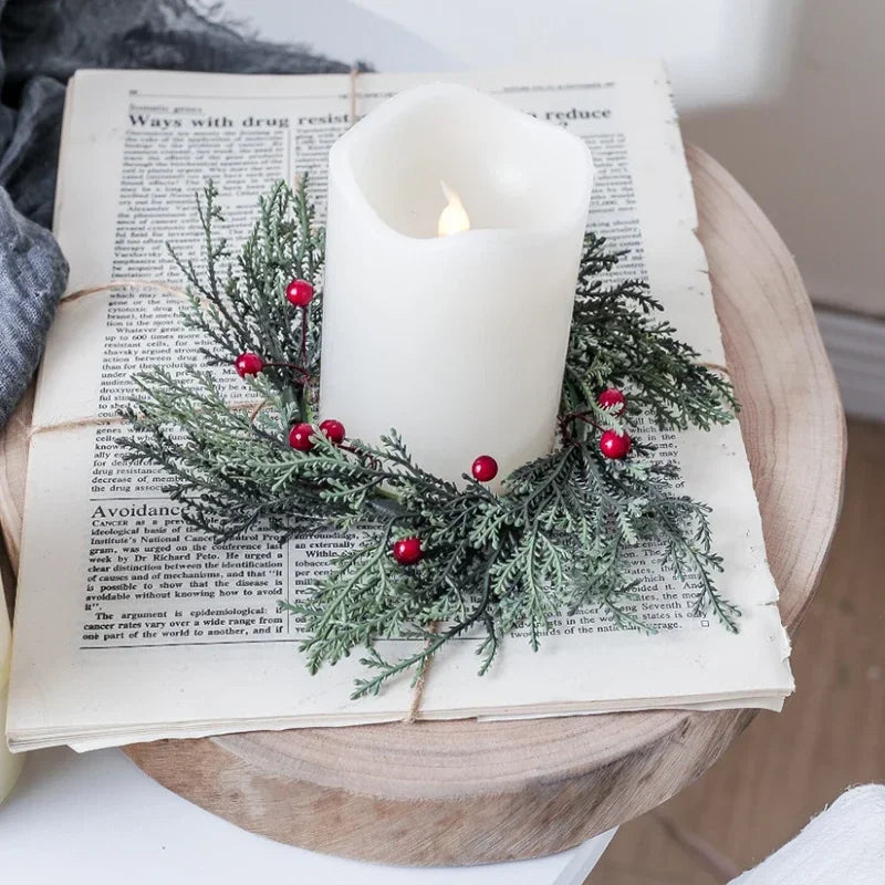 Artificial Christmas Candle Garland Ring With Red Fruits-4