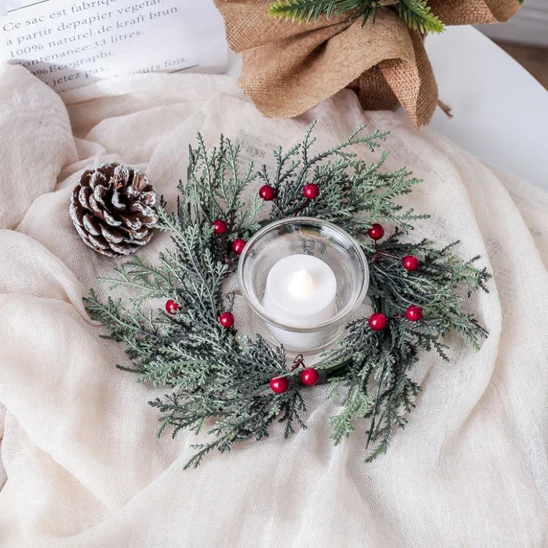 Artificial Christmas Candle Garland Ring With Red Fruits-2