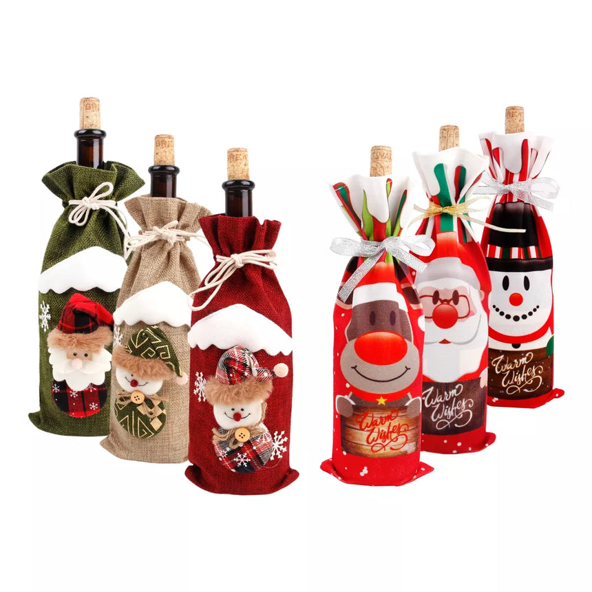 Christmas flannel wine bottle covers on wine bottles