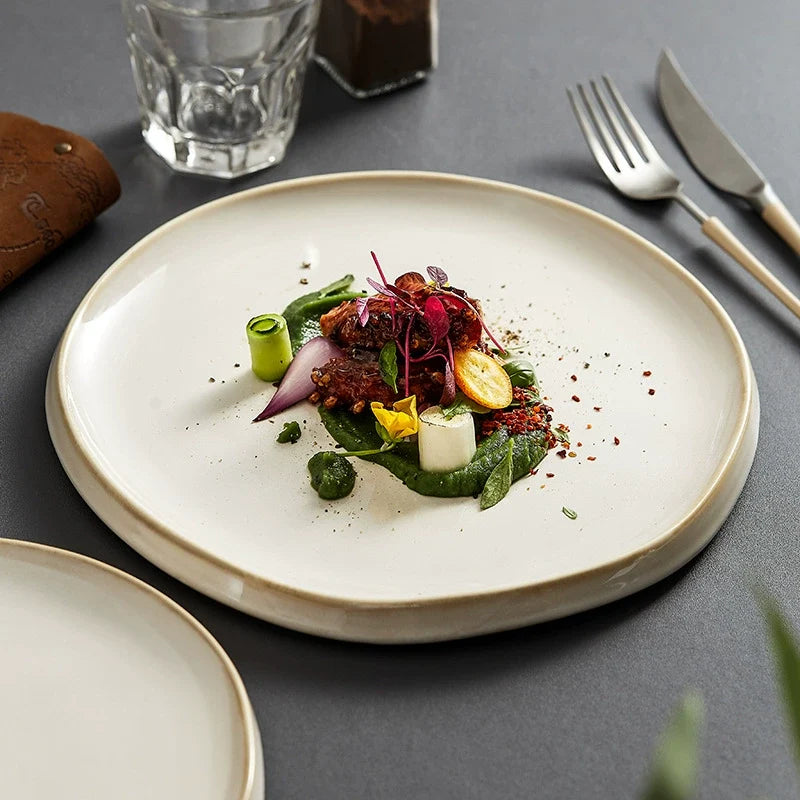Ivory Ceramic Dinner Plate with Raised Rim