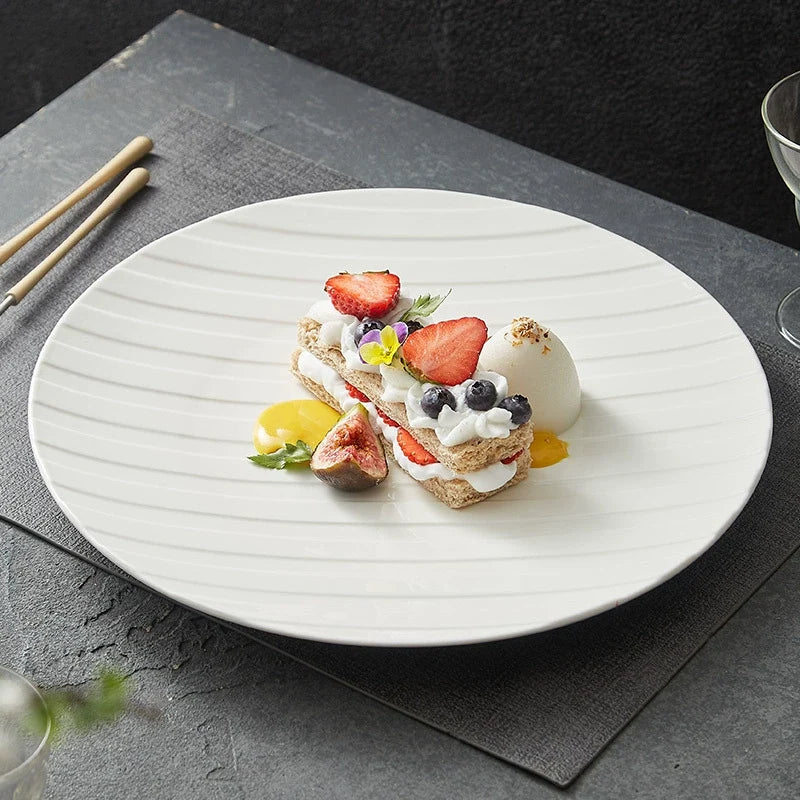 Stripe Relief White Ceramic Plate – Modern Minimalist Porcelain Dinnerware
