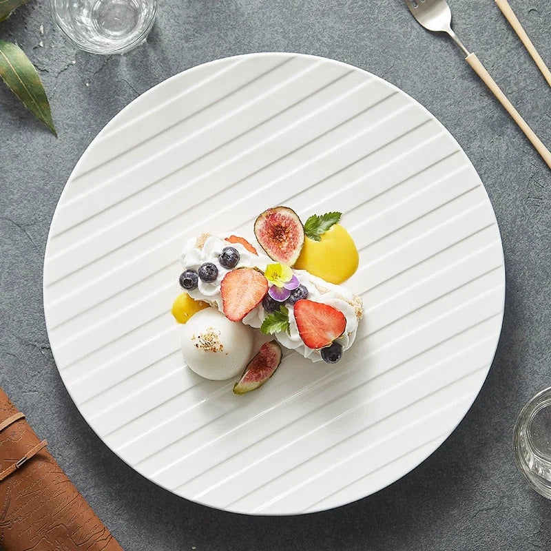 Stripe Relief White Ceramic Plate – Modern Minimalist Porcelain Dinnerware