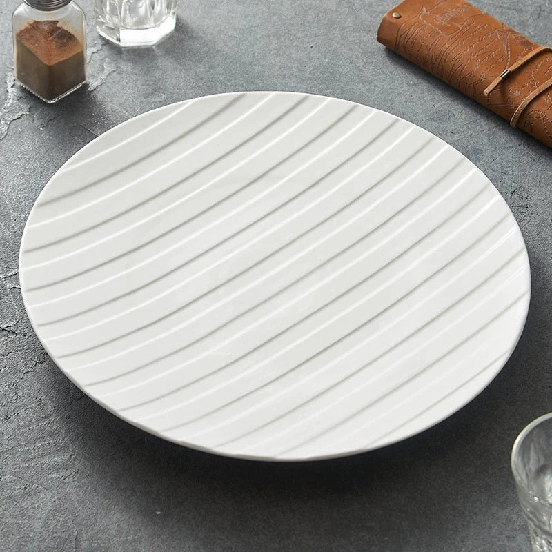 Stripe Relief White Ceramic Plate – Modern Minimalist Porcelain Dinnerware