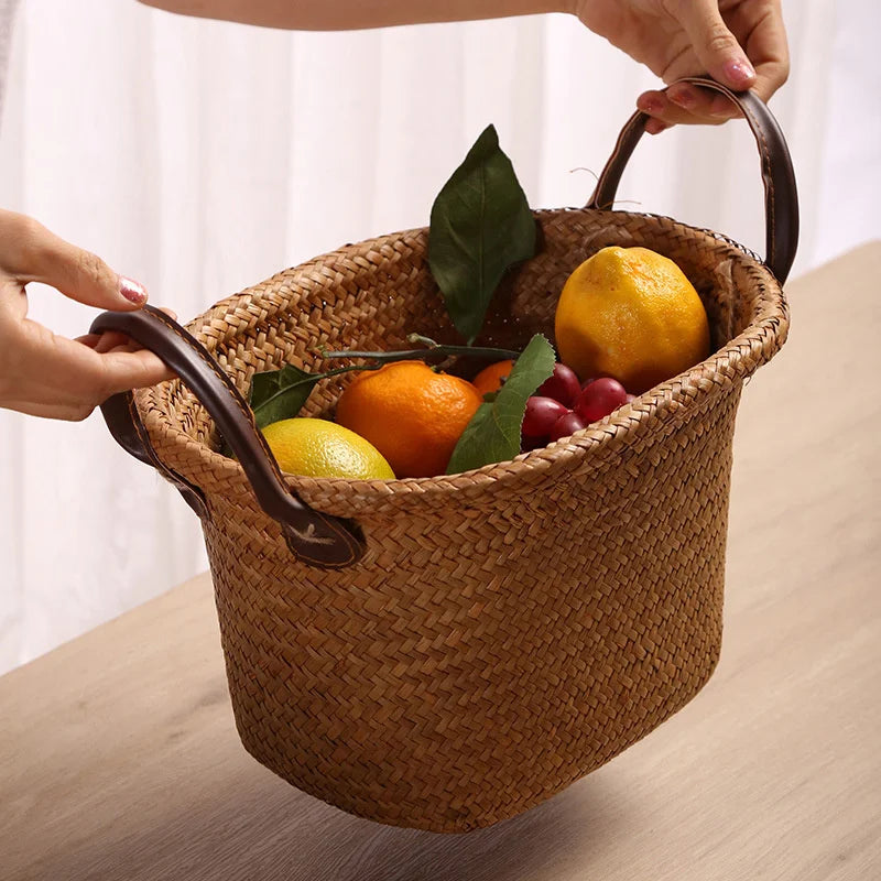 Foldable Seagrass Basket with Leather Handle