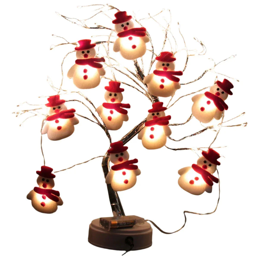LED string light with snowman figures draped over a small branch tree