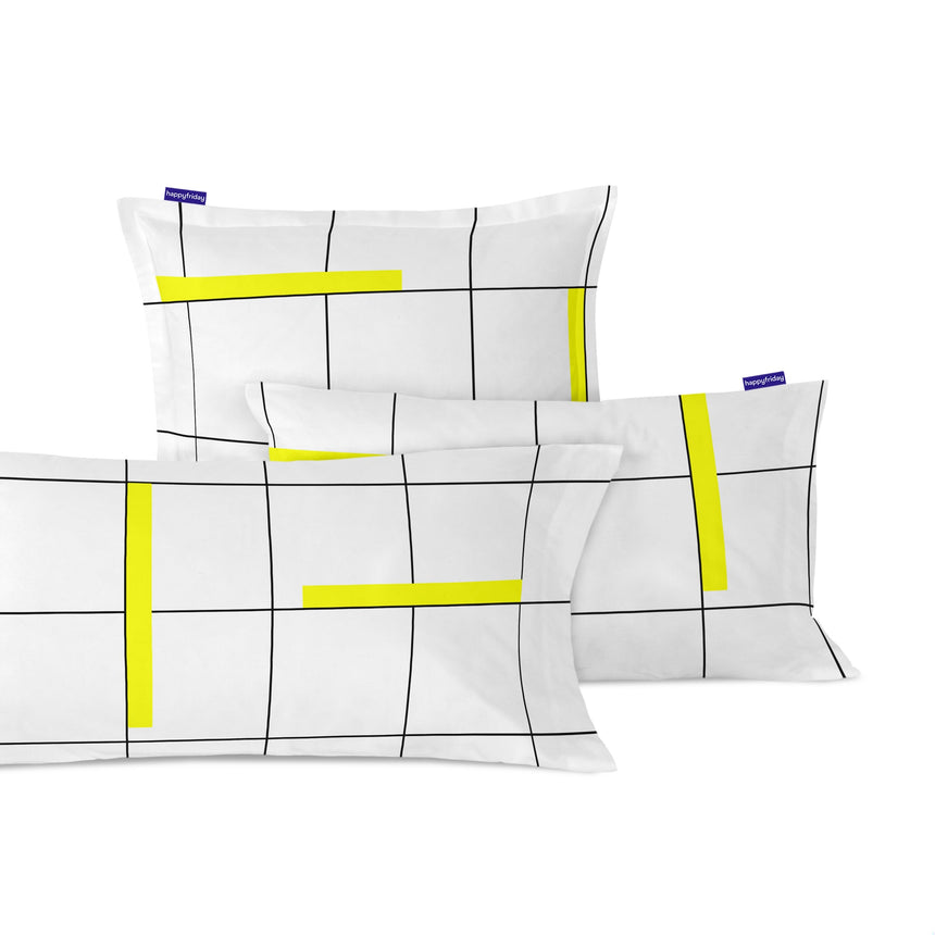 White pillowcase with a thin black grid and yellow bars