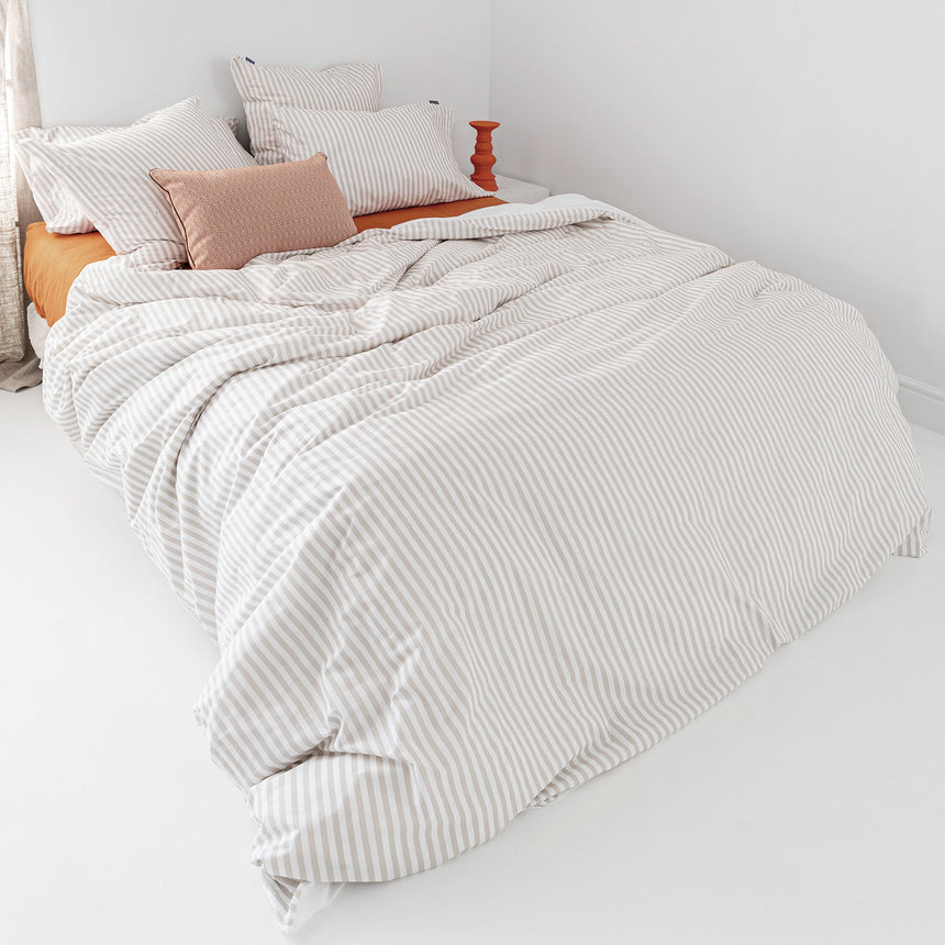 Layering Striped Cotton Duvet Cover, Beige