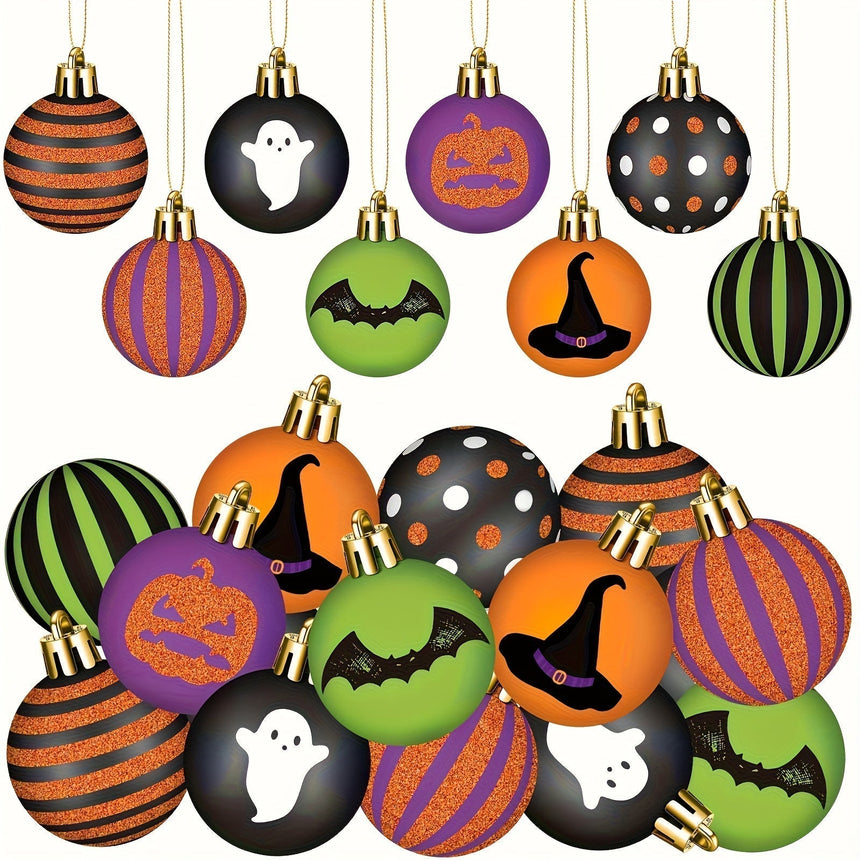 Halloween baubles in black, orange, purple and green with bats, ghosts and pumpkins