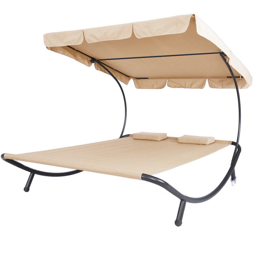 Beige double sun lounger with shade