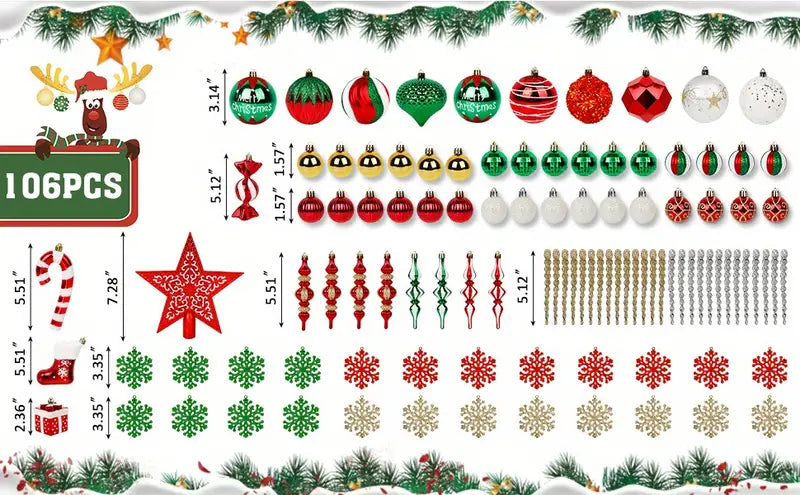 Red, green and white Christmas baubles, snowflakes and a red star laid out in rows