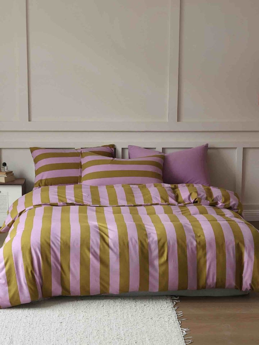 Dopamine Stripe Cotton Queen Size Duvet Cover Set With Pillowcases & Fitted Sheet