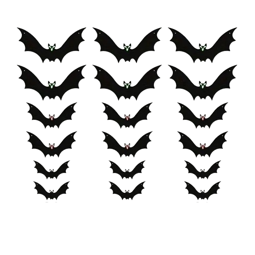 Eighteen black plastic bats in three sizes