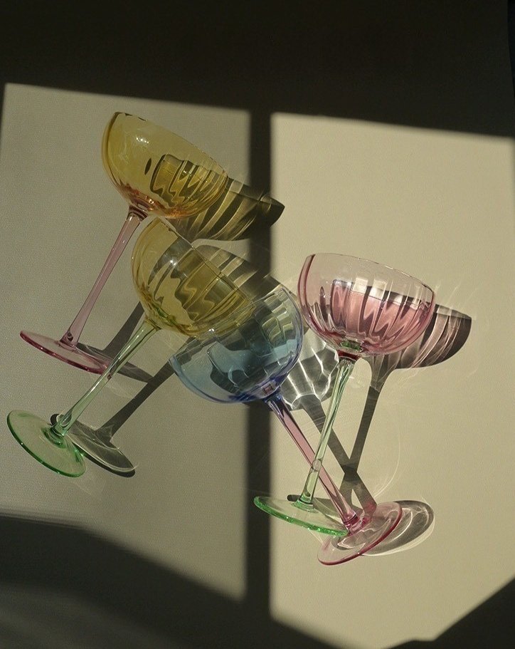Hand Blown Retro Pastel Coloured Cocktail Glasses Coupe Set of 4 ( $22.5 Each )
