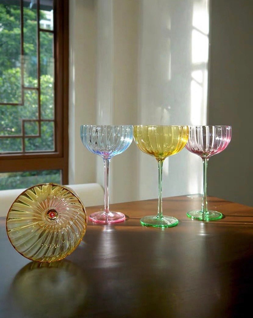 Hand Blown Retro Pastel Coloured Cocktail Glasses Coupe Set of 4 ( $22.5 Each )
