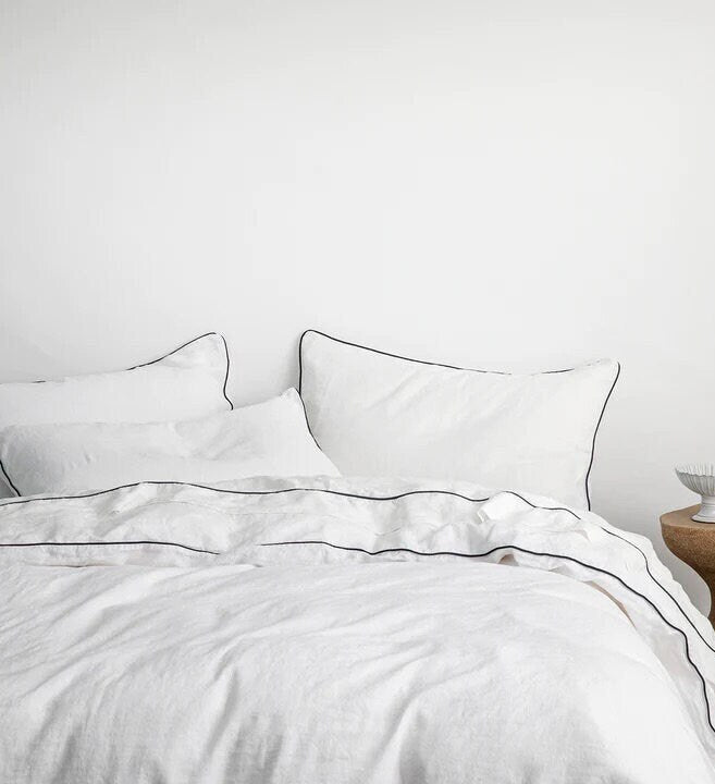 White with Navy Piping - 100% Pure Linen or Linen Cotton | 3 Piece Piped Duvet Cover Set | Handmade | Pre-washed