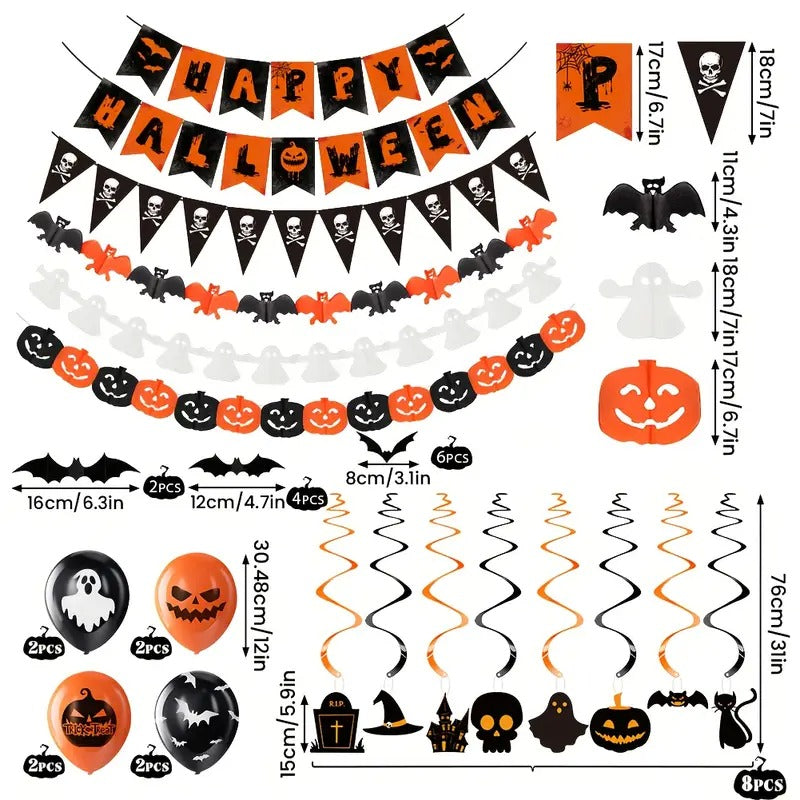 Halloween party decoration set with a Happy Halloween banner, bunting and spiral hangings