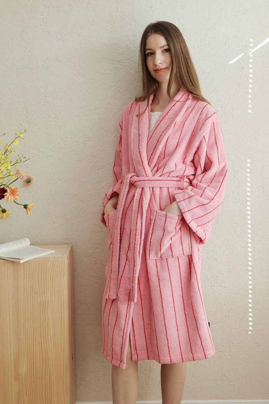 Retro Pastel Stripe Cotton Bath Robe - Plush Soft Absorbent Lounge Robe