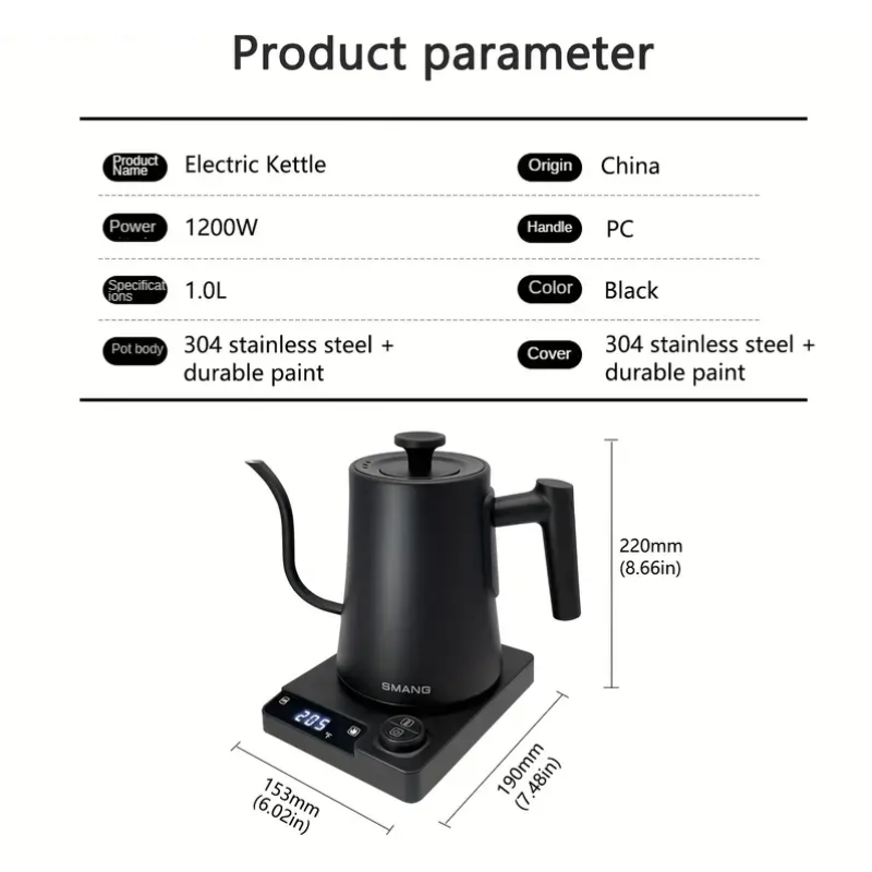 Black Gooseneck Electric Kettle, 1200W