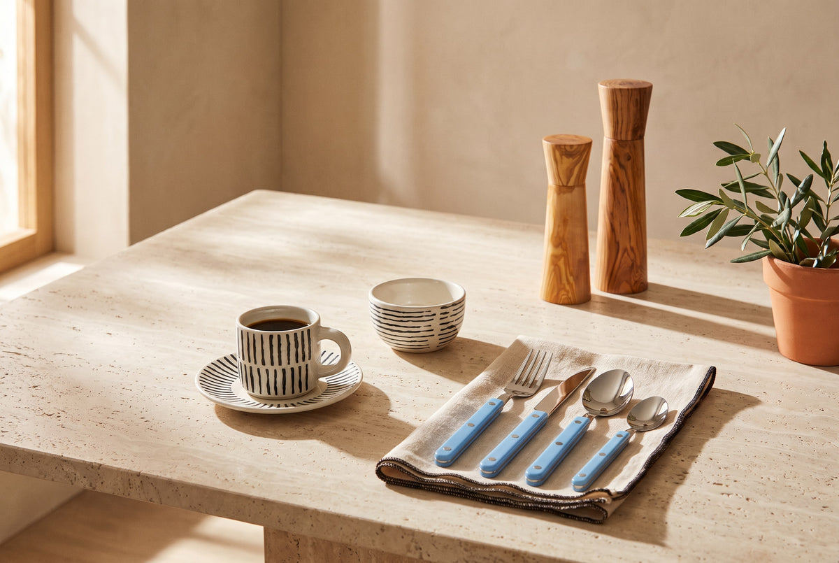 Ceramic espresso set, olive wood mills and blue-handled flatware on a travertine table