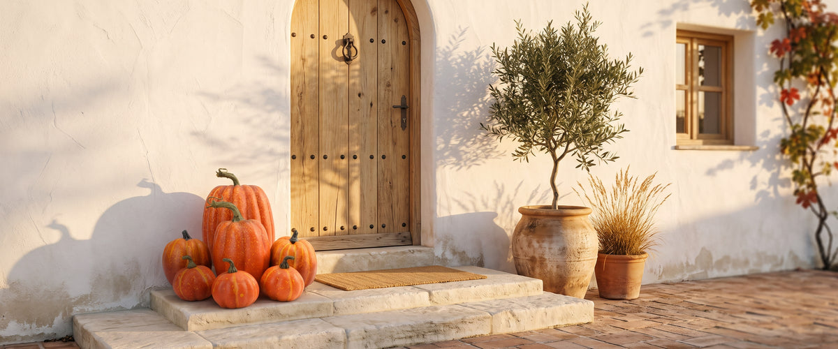 Orange decorative pumpkins on limestone steps beside an oak front door of a whitewashed Mediterranean house at golden hour