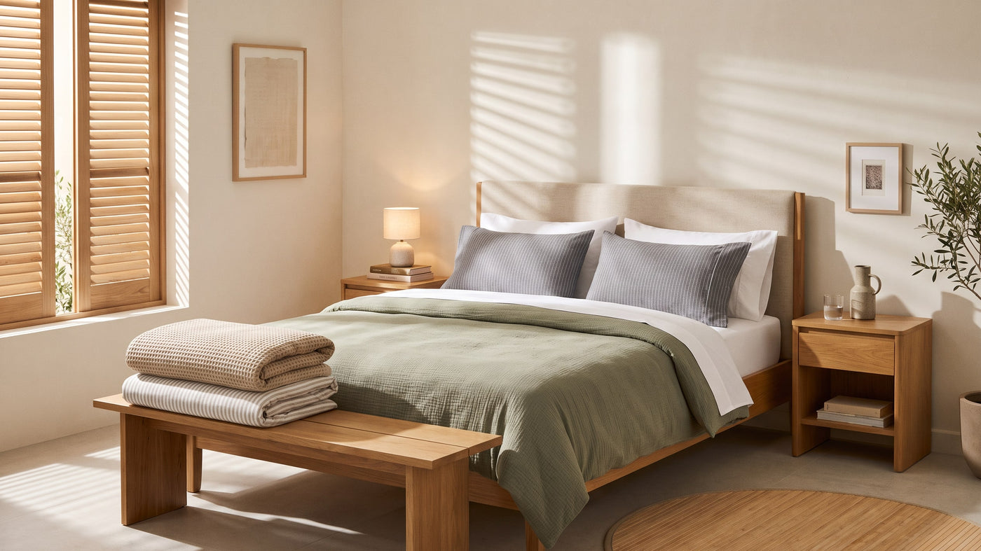 Bedroom with olive green muslin duvet cover, grey pinstripe pillowcases and a folded waffle throw on an oak bench, shutter light across the wall