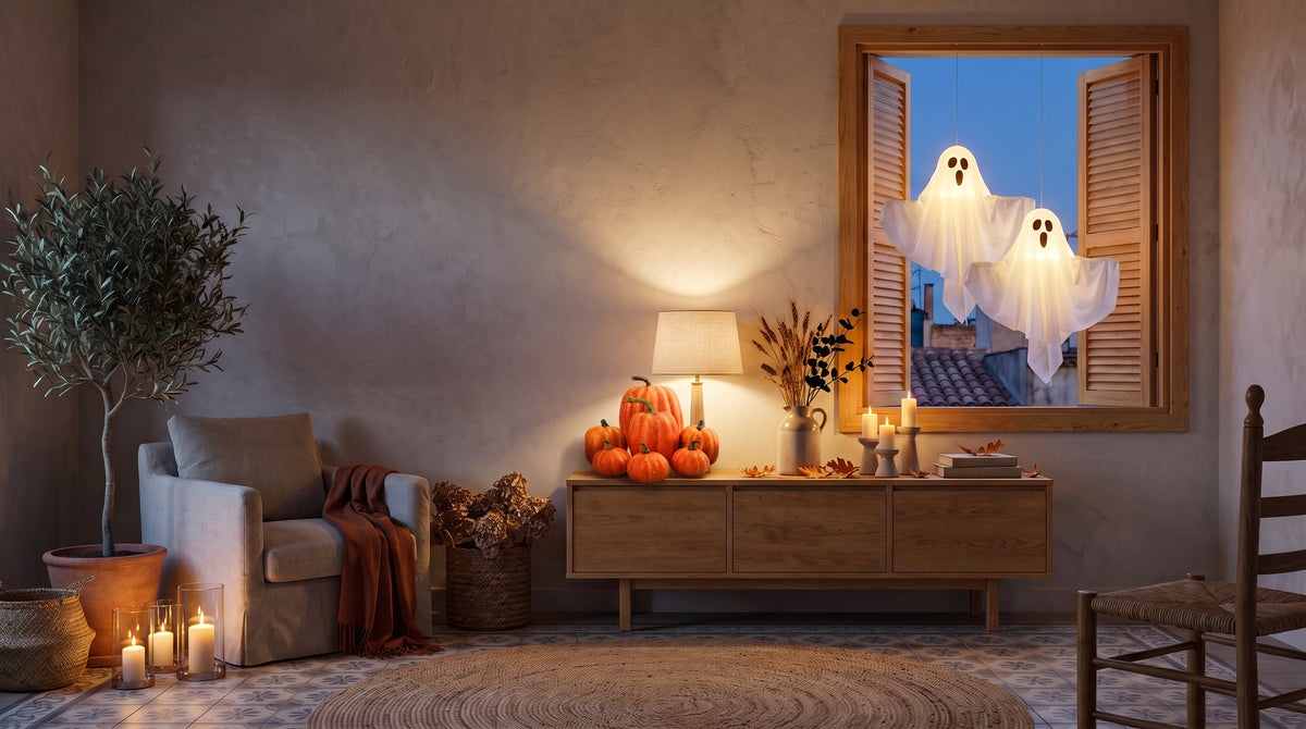 Oak sideboard with orange pumpkins, a lit lamp and candles, two glowing cloth ghosts hanging in a shuttered window at dusk