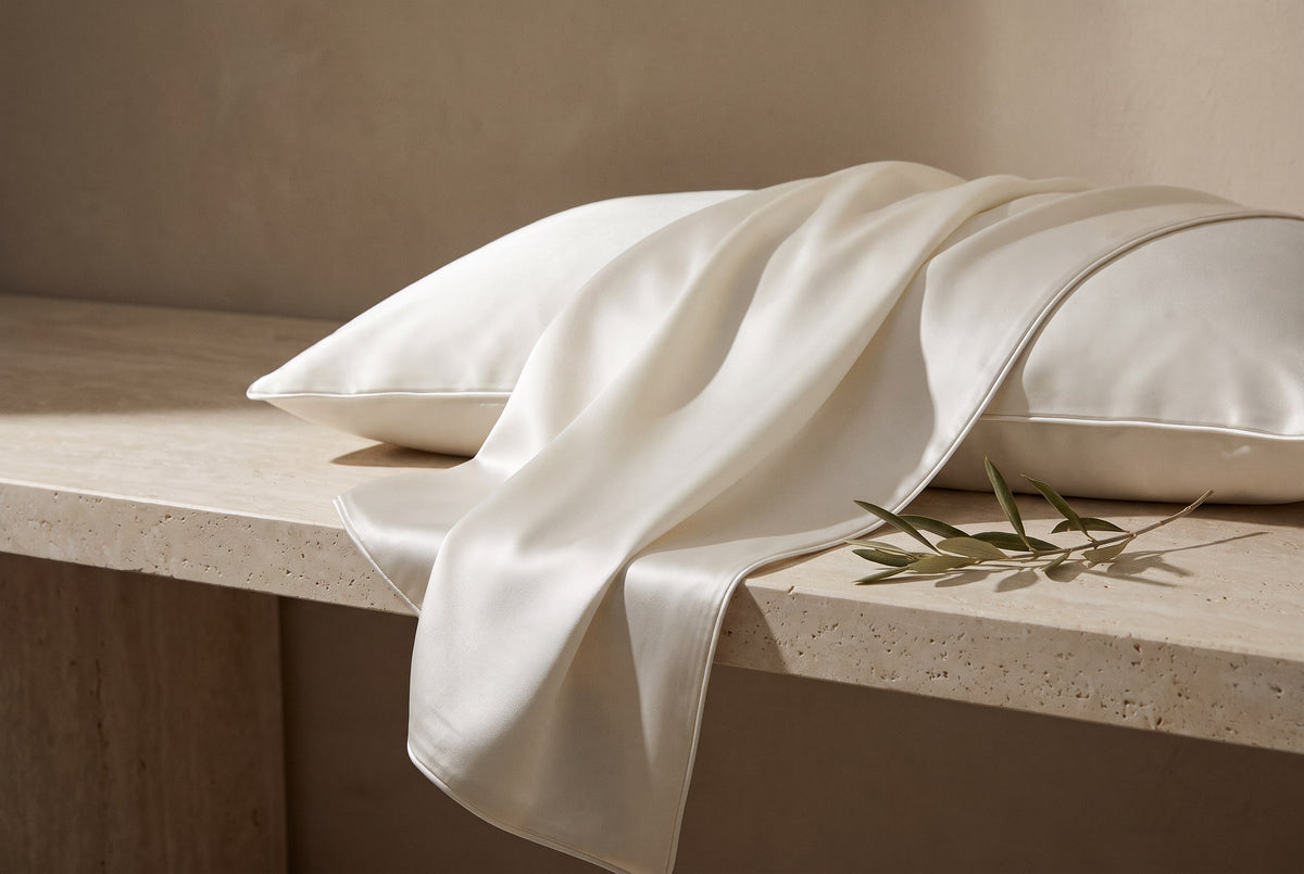 Silk pillowcase in ivory white draped over a travertine ledge with an olive sprig, showing its smooth satin sheen