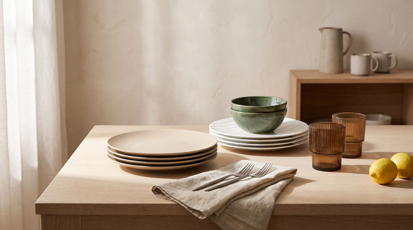 Stacked beige and white ceramic plates with green bowls, brown glass tumblers and a linen napkin