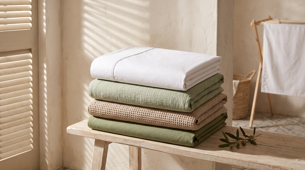 Folded stack of percale, muslin, waffle and olive cotton duvet covers on a wooden bench