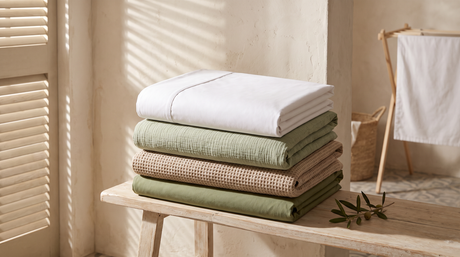 Folded stack of percale, muslin, waffle and olive cotton duvet covers on a wooden bench