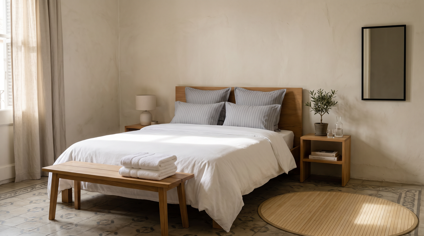 White percale duvet cover on a double bed with folded cotton towels and a bamboo rug in a Catalan flat