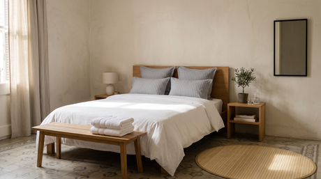 White percale duvet cover on a double bed with folded cotton towels and a bamboo rug in a Catalan flat