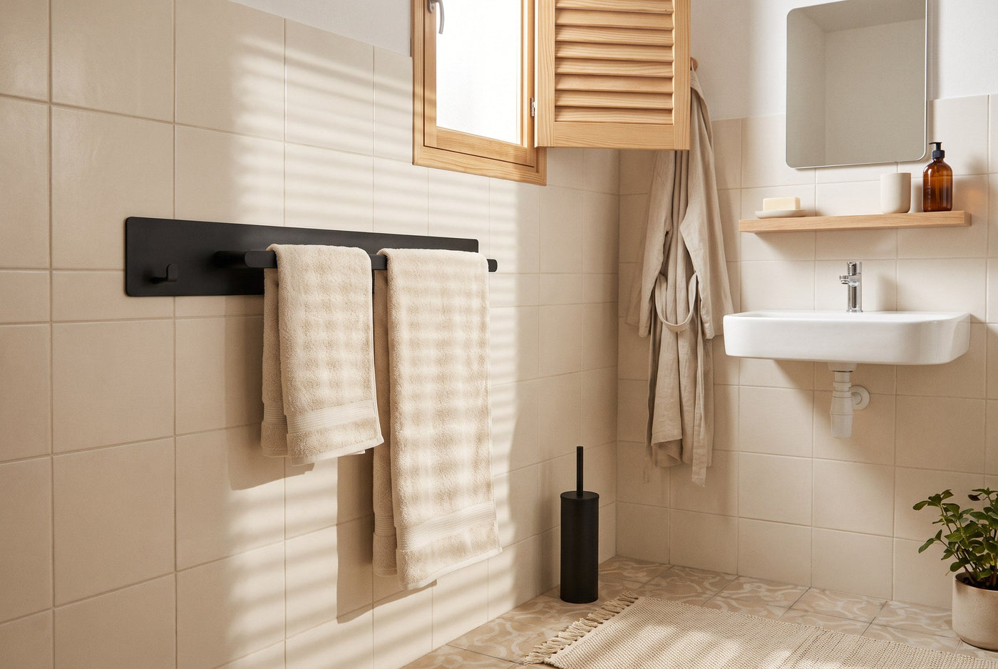 Torino drill-free towel rail in matte black on tiled wall with two cream cotton towels in a Spanish bathroom