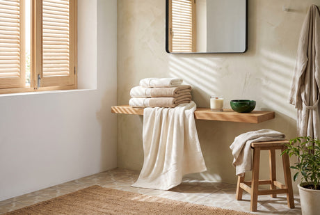 Stack of ivory and sand Hotel Luxury cotton towels on a wooden shelf under a black framed mirror
