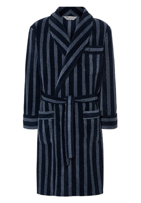 Fleece-lined bathrobe in a printed blue pattern