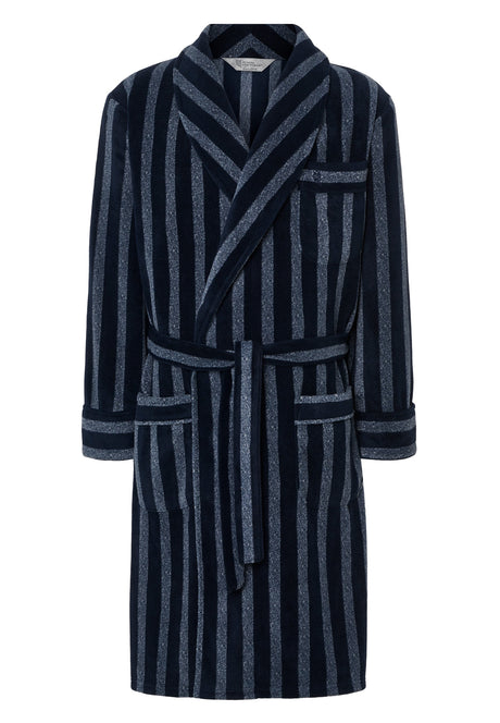 Fleece-lined bathrobe in a printed blue pattern