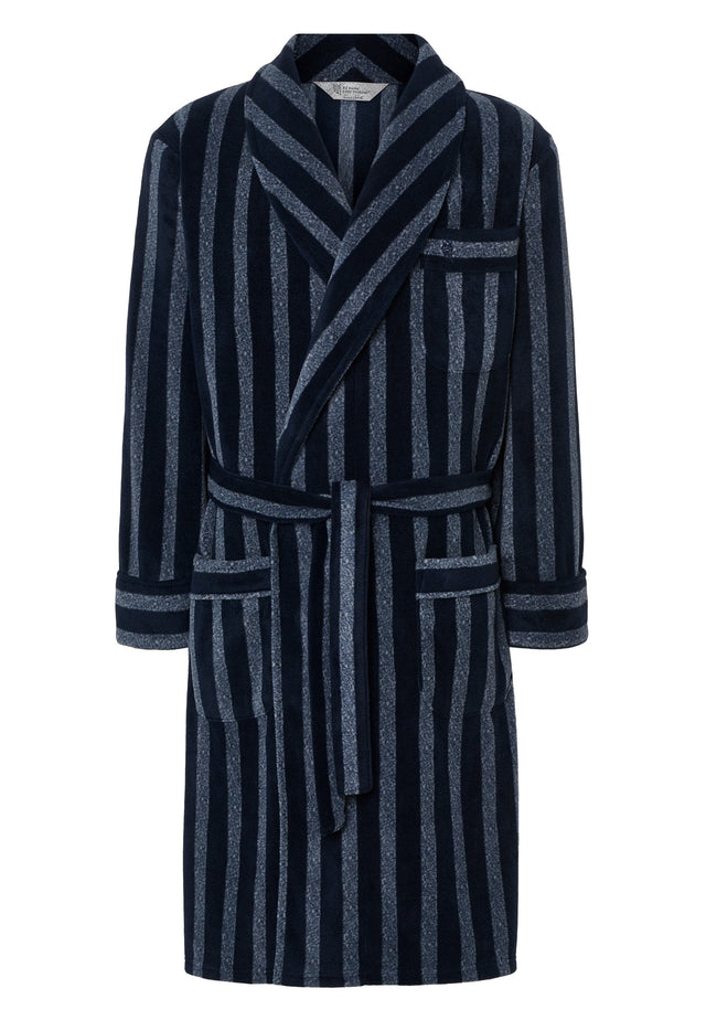 Fleece-lined bathrobe in a printed blue pattern